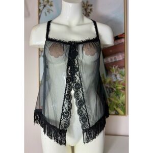 Vintage Black Sheer Lace Cami Tank Top Fringe Tassel Open Front Lingerie Large